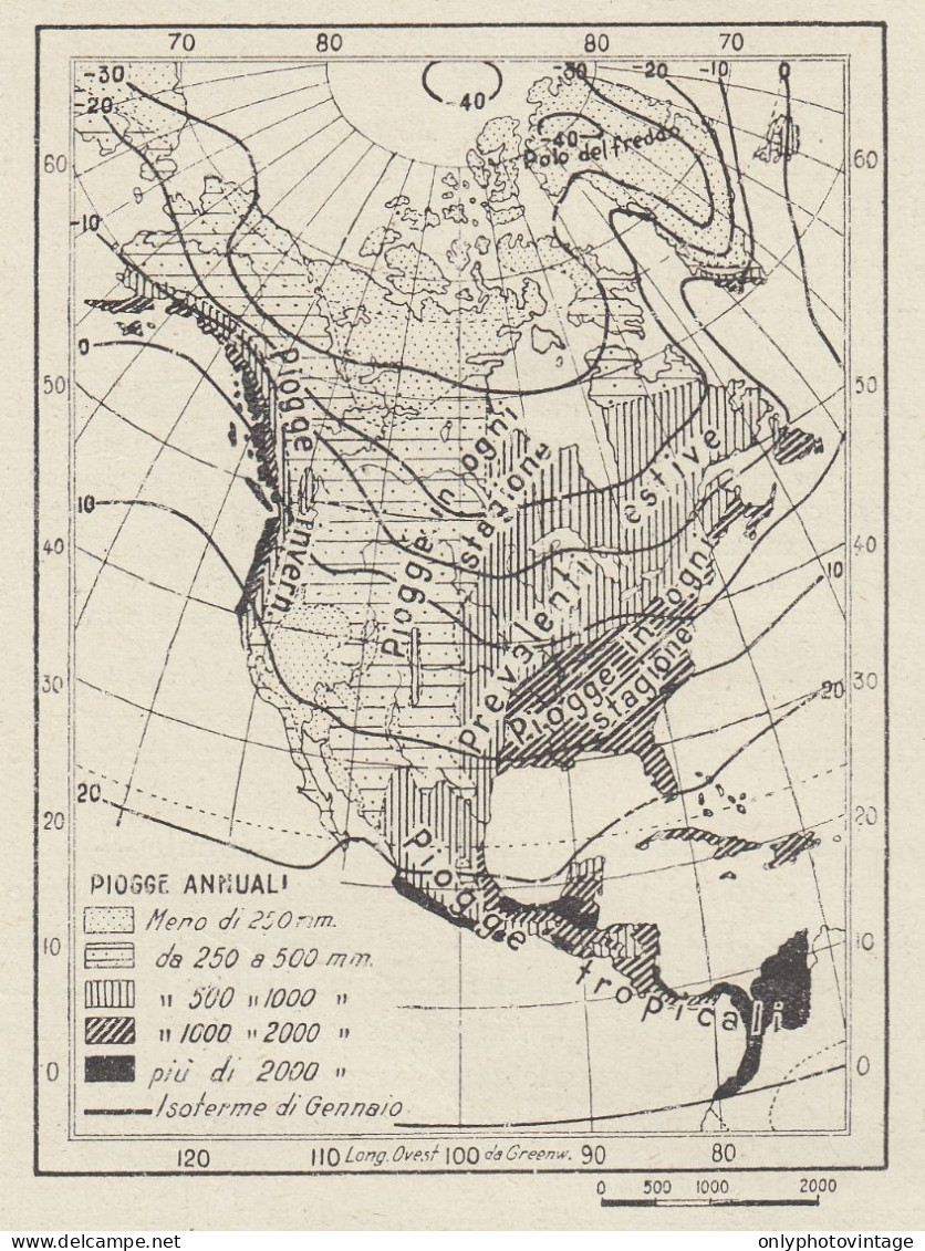 America Settentrionale - Il Clima - Mappa D'epoca - 1936 Vintage Map - Cartes Géographiques