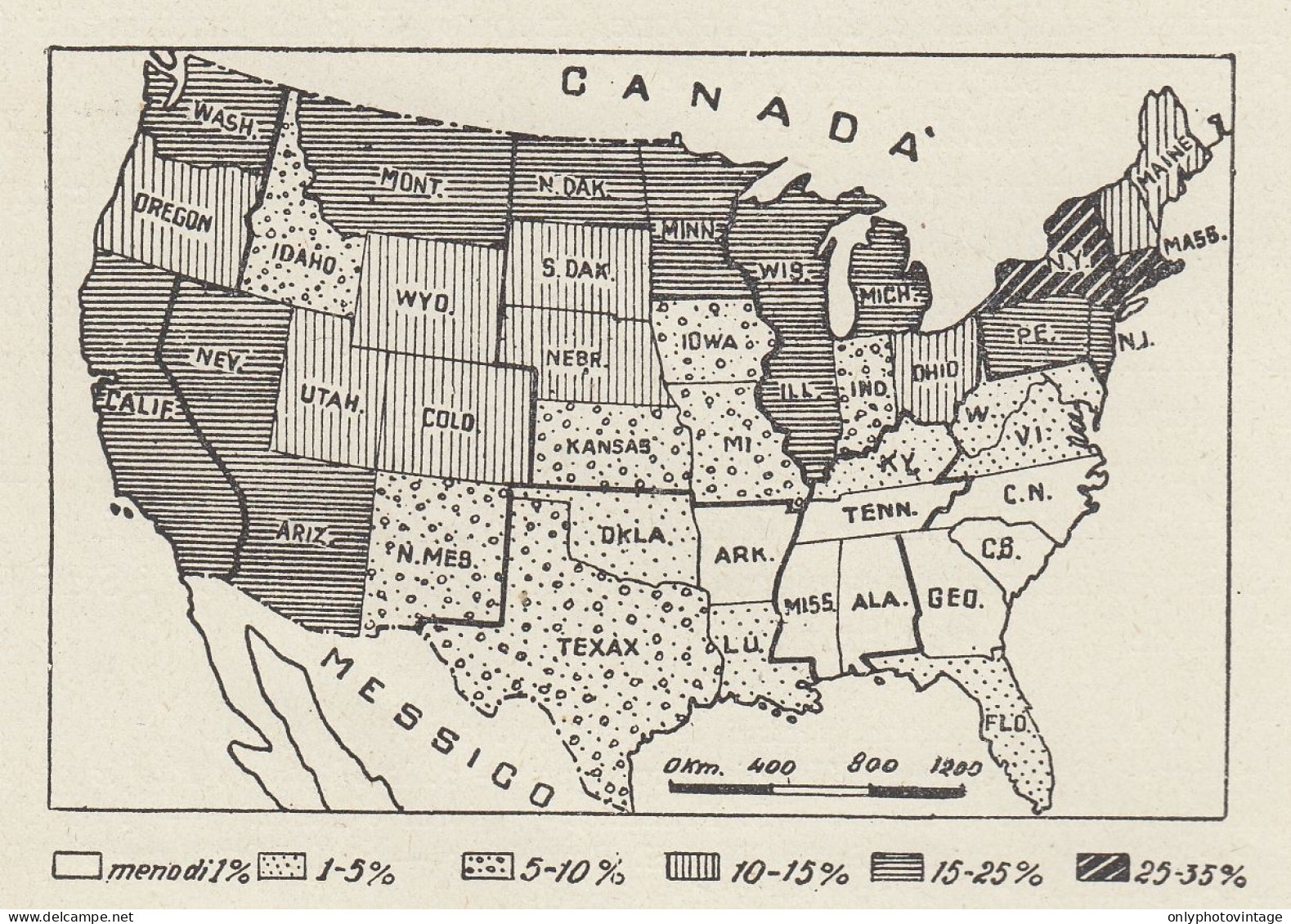 Divisione Degli Stati Uniti E Percentuali Di Stranieri - Mappa - 1936 Map - Carte Geographique