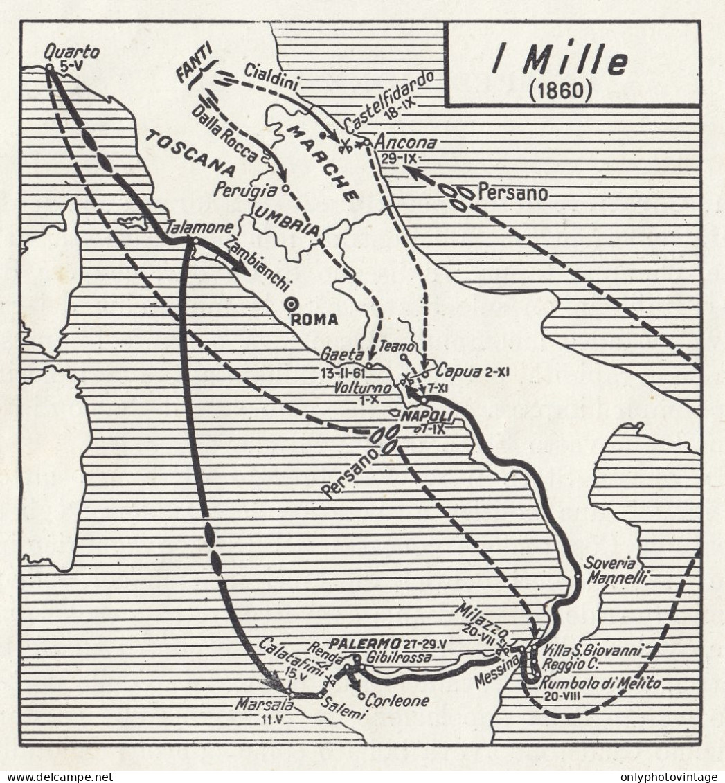 Cartina Della Spedizione Dei Mille, Mappa D'epoca, 1953 Vintage Map - Carte Geographique