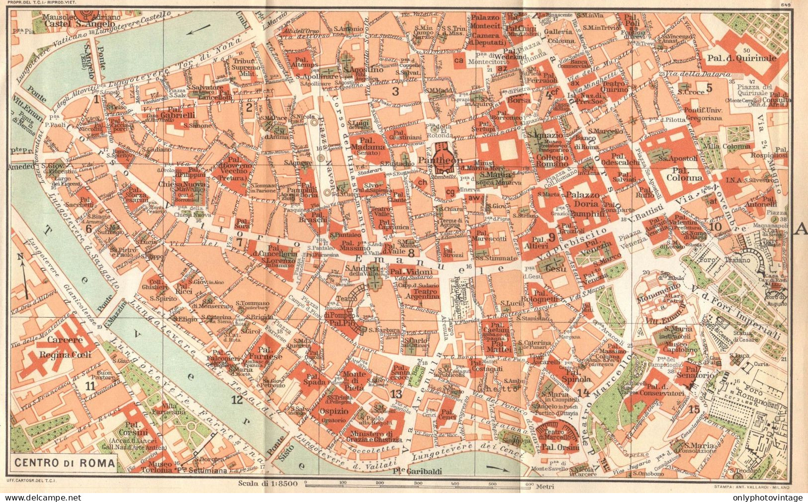 Roma, Il Centro, Pianta Della Città, Carta Geografica Epoca, Vintage Map - Carte Geographique
