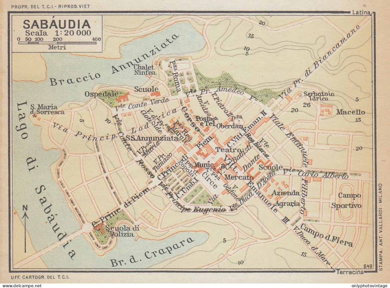 Sabaudia, Pianta Della Città, Carta Geografica Epoca, Vintage Map - Carte Geographique