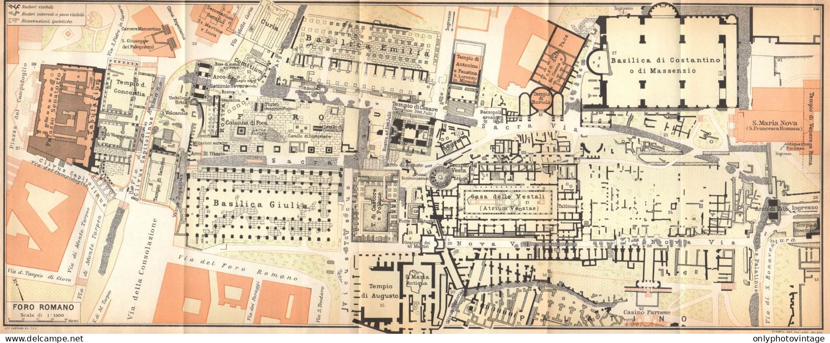 Roma, Foro Romano, Pianta Della Città, Carta Geografica Epoca, Vintage Map - Cartes Géographiques