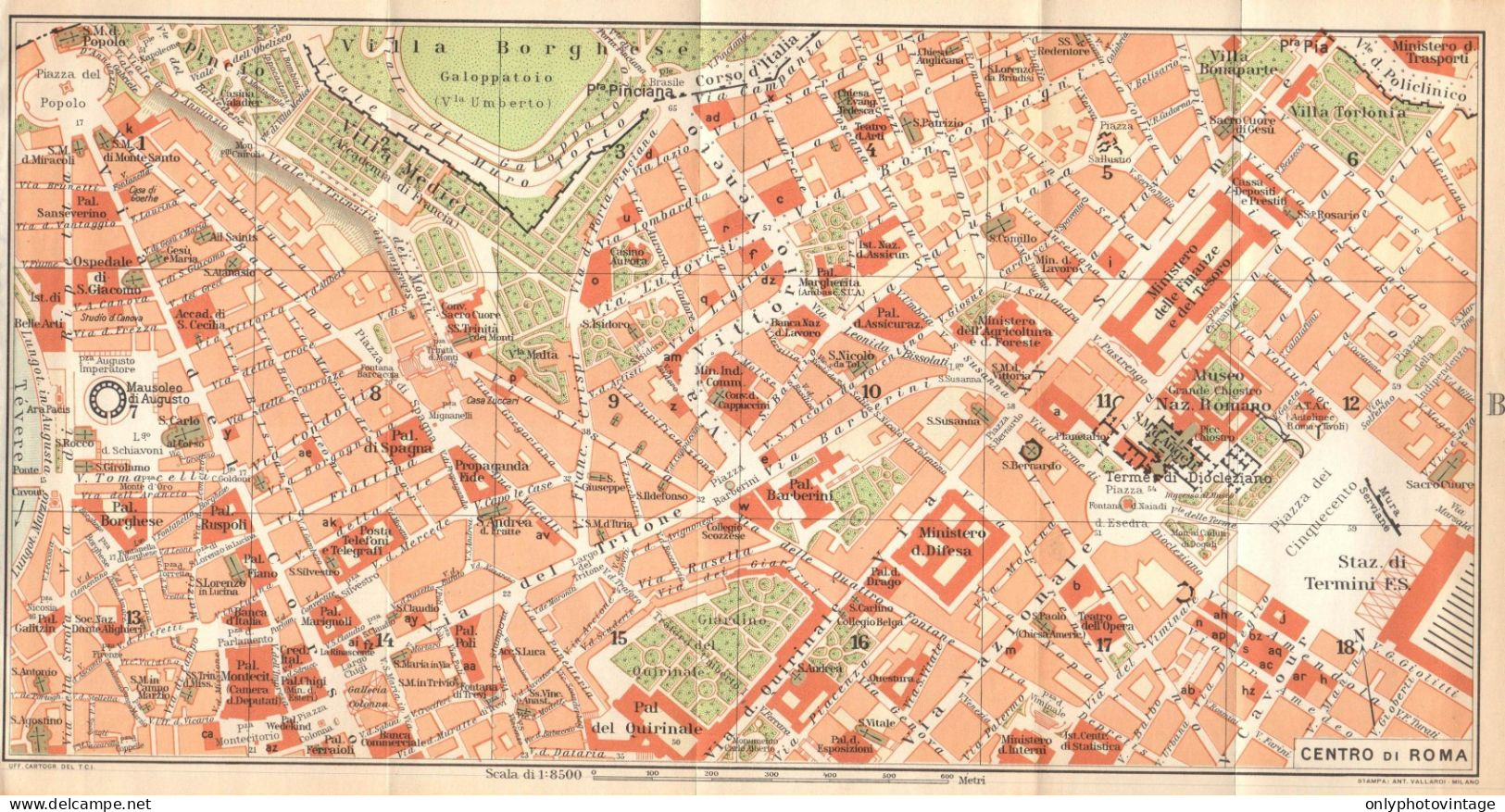 Roma, Il Centro, Pianta Della Città, Carta Geografica Epoca, Vintage Map - Carte Geographique