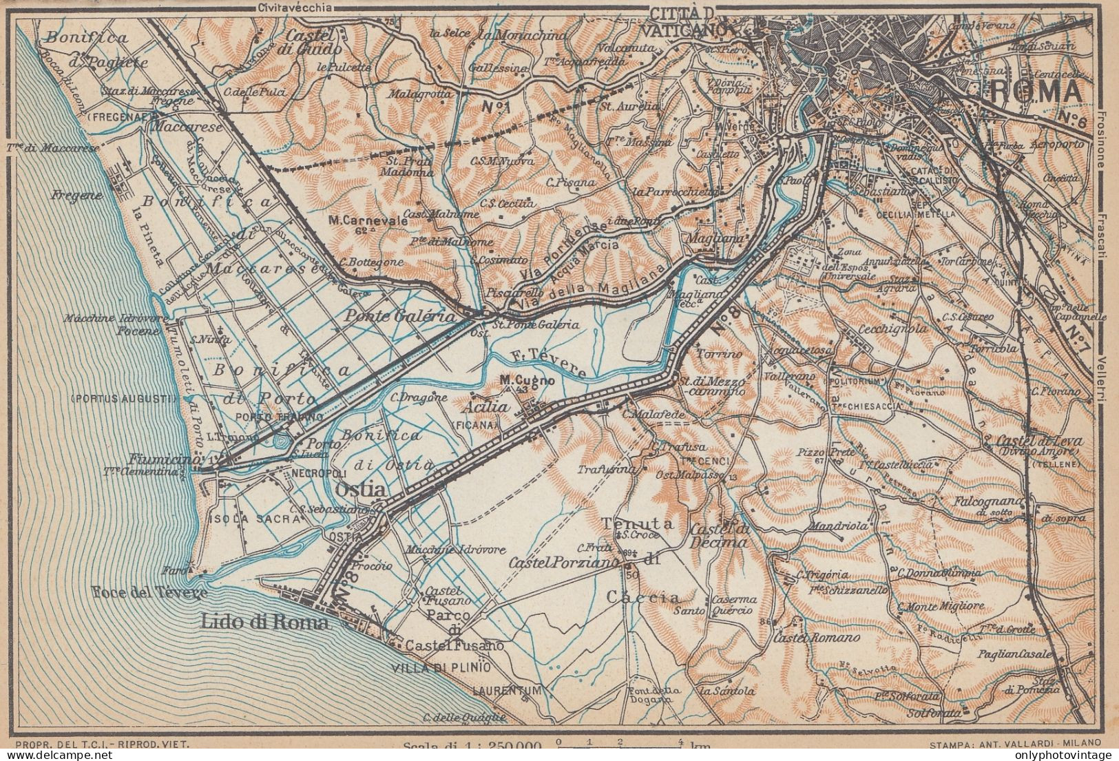 Roma E Dintorni, Ostia, Castel Romano, Carta Geografica Epoca, Vintage Map - Carte Geographique