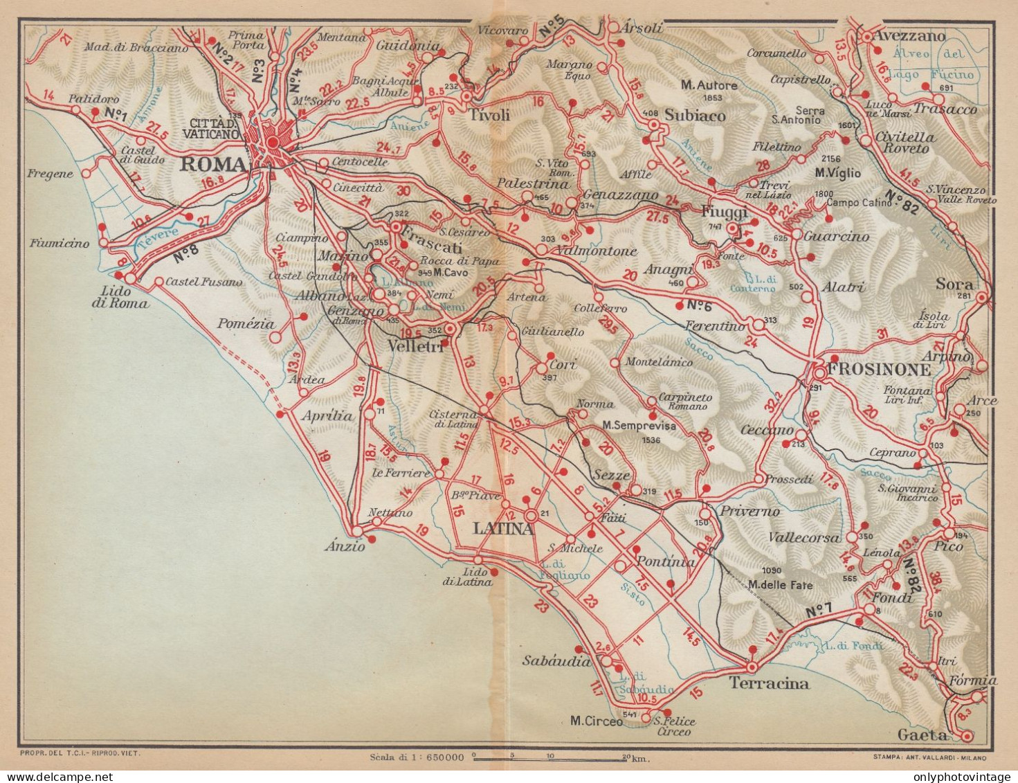 Roma E Dintorni, Gaeta, Subiaco, Carta Geografica Epoca, Vintage Map - Carte Geographique