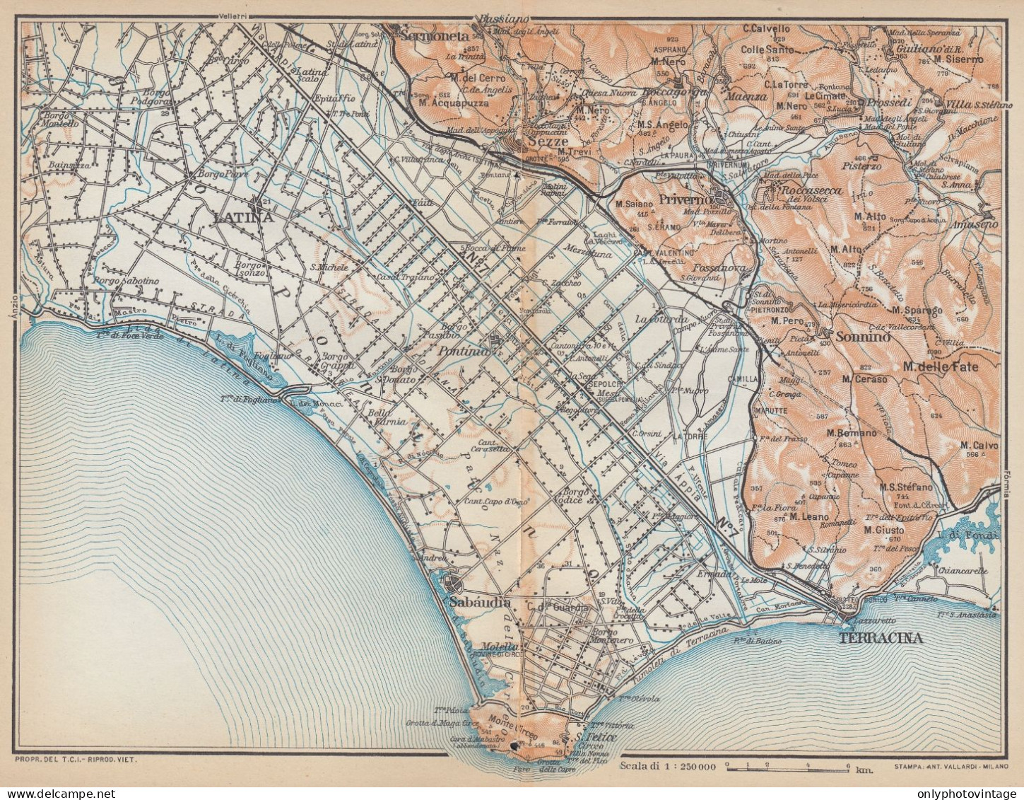 Latina E Dintorni, Sabaudia, Sezze, Carta Geografica Epoca, Vintage Map - Carte Geographique