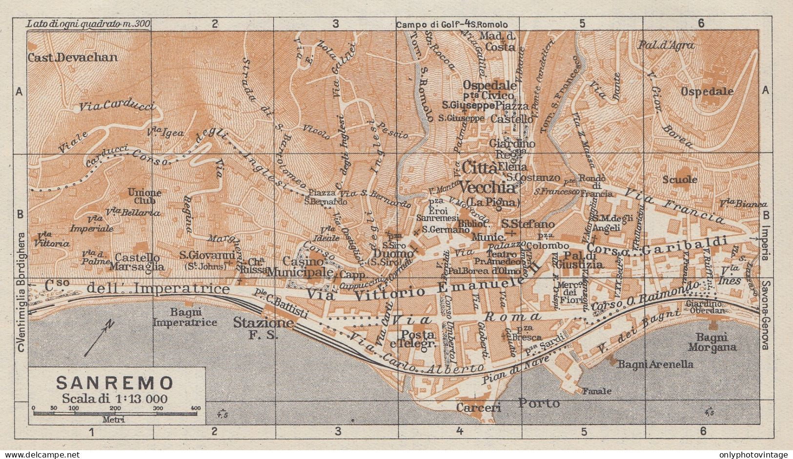 Sanremo, Pianta Della Città, Carta Geografica Epoca, 1937 Vintage Map - Carte Geographique