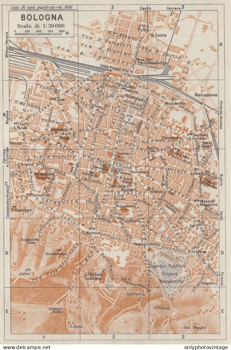 Bologna, Pianta Della Città, Carta Geografica Epoca, 1937 Vintage Map - Carte Geographique