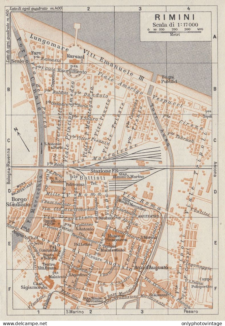 Rimini, Pianta Della Città, Carta Geografica Epoca, 1937 Vintage Map - Carte Geographique