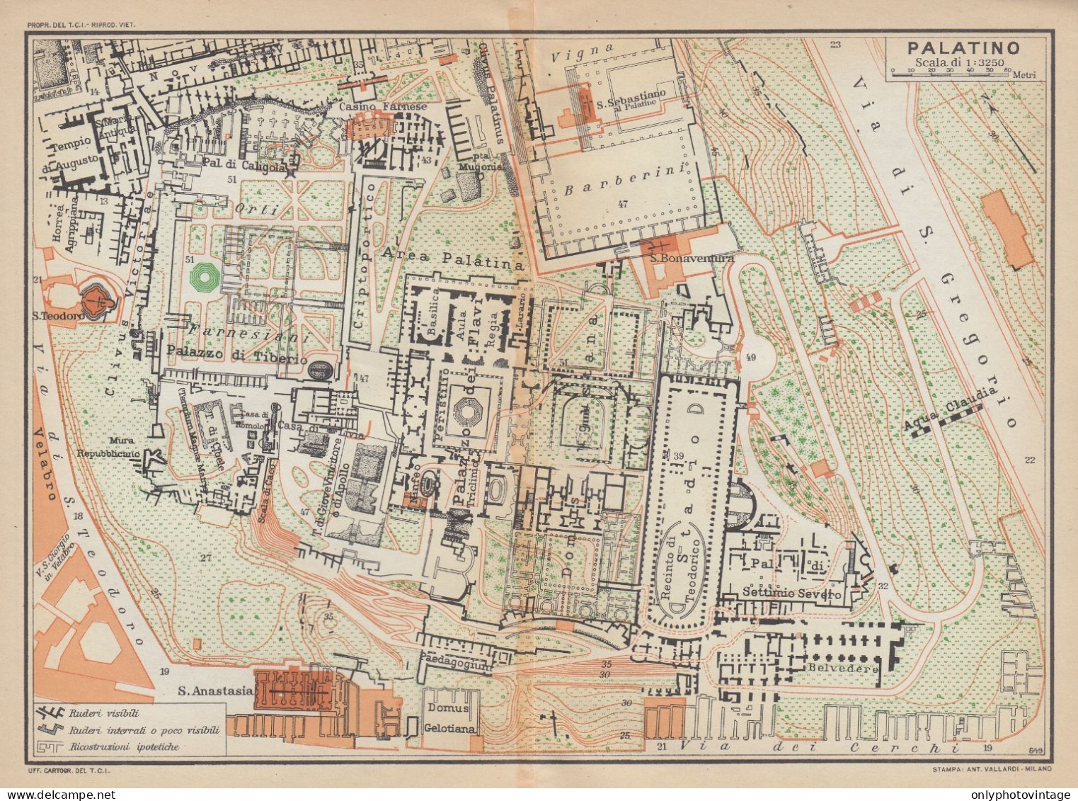 Roma, Palatino, Carta Geografica Epoca, Vintage Map - Landkarten