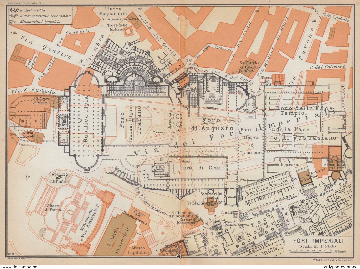 Roma, Fori Imperiali, Carta Geografica Epoca, Vintage Map - Carte Geographique