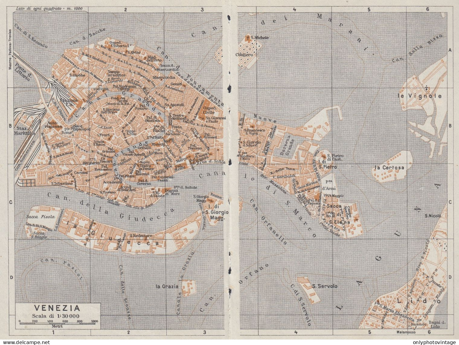 Venezia, Pianta Della Città, Carta Geografica Epoca, 1937 Vintage Map - Cartes Géographiques