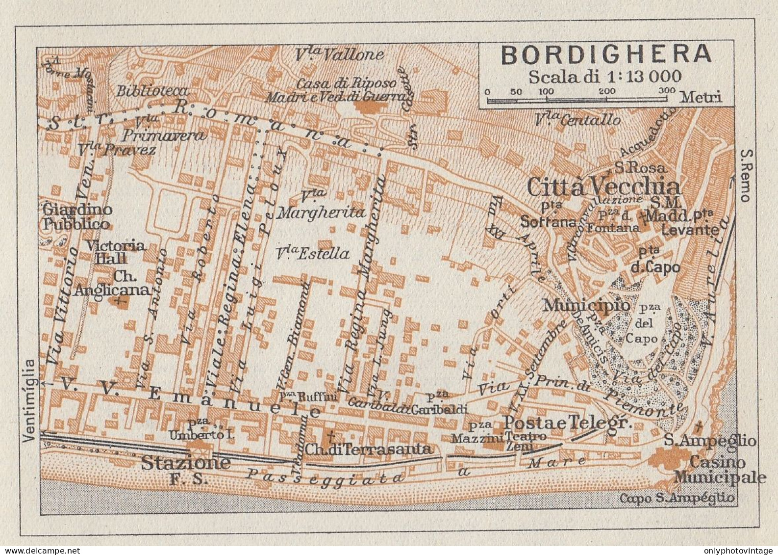 Bordighera, Pianta Della Città, Carta Geografica Epoca, 1937 Vintage Map - Cartes Géographiques