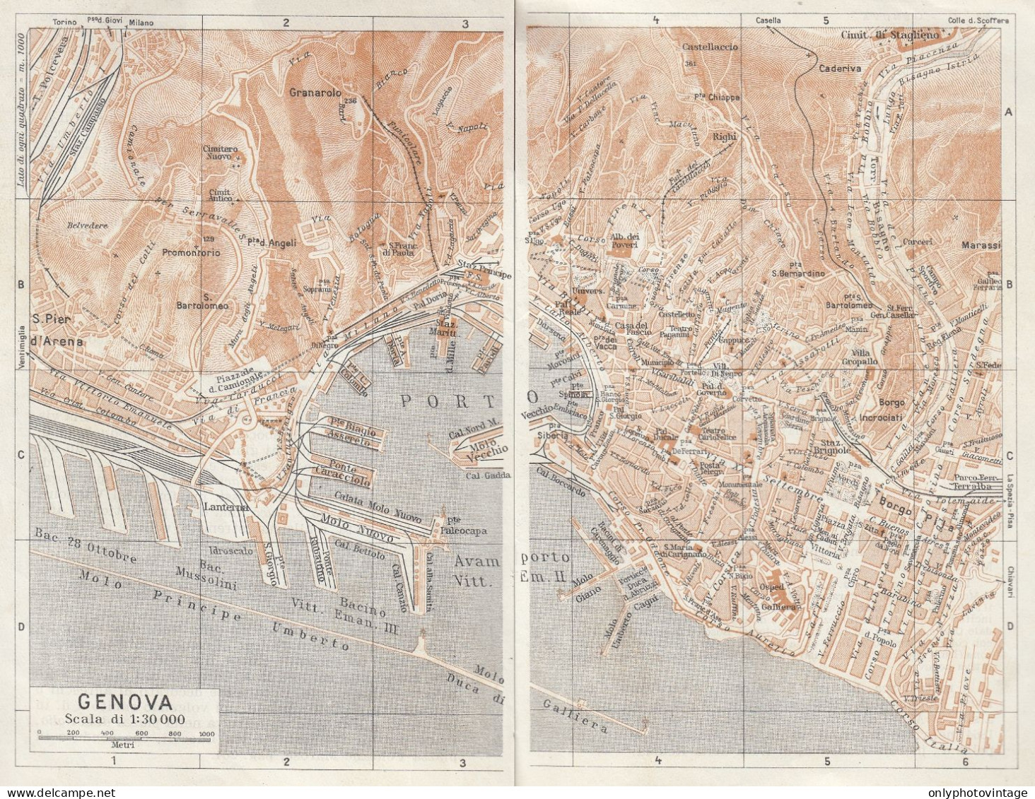 Genova, Pianta Della Città, Carta Geografica Epoca, 1937 Vintage Map - Carte Geographique