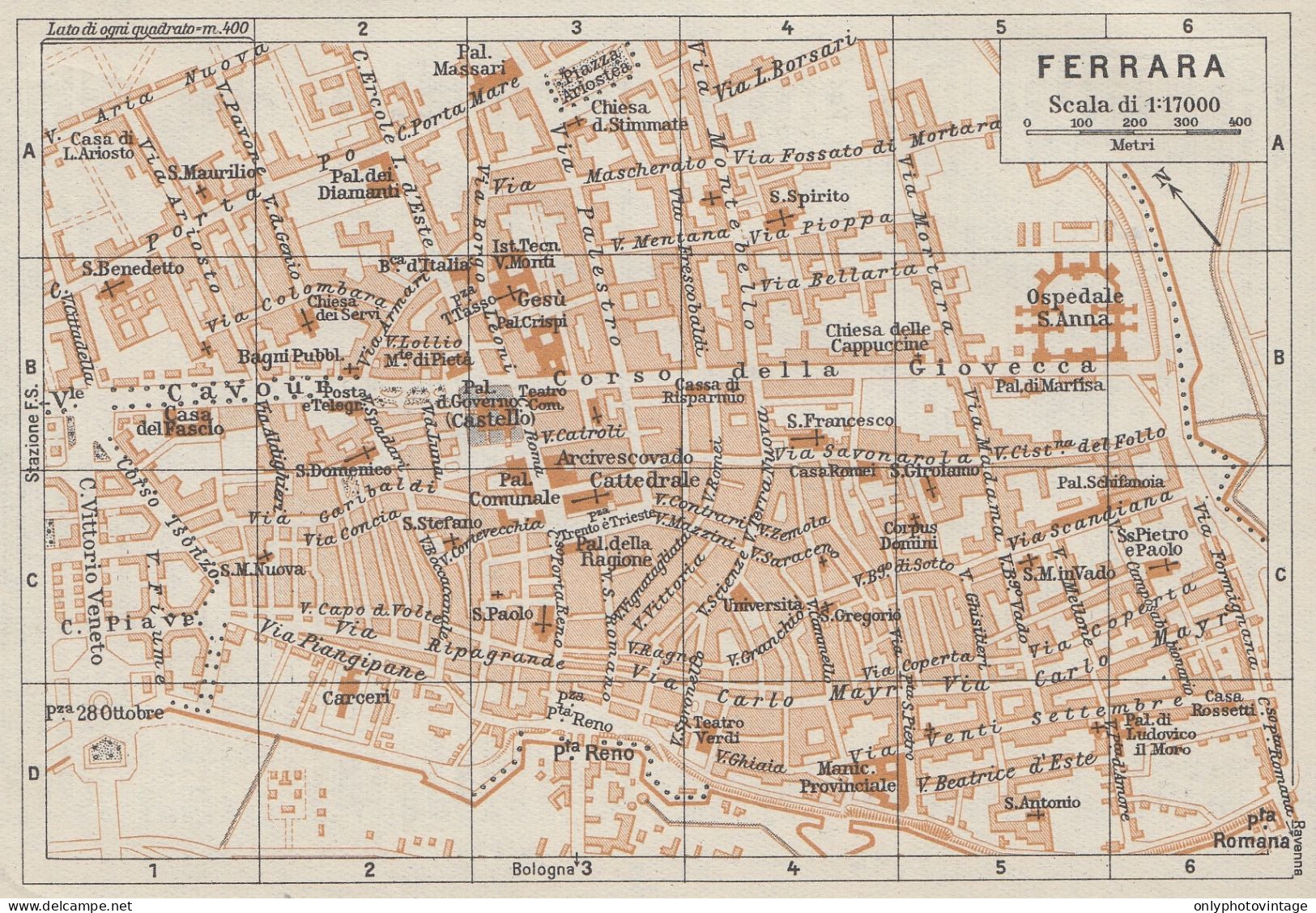 Ferrara, Pianta Della Città, Carta Geografica Epoca, 1937 Vintage Map - Cartes Géographiques