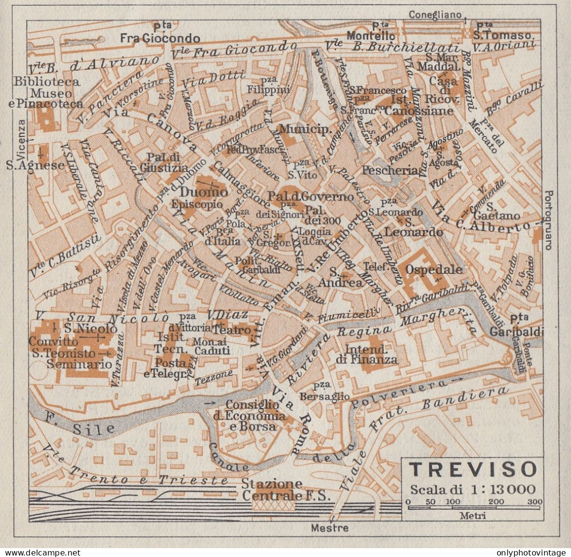 Treviso, Pianta Della Città, Carta Geografica Epoca, 1937 Vintage Map - Landkarten
