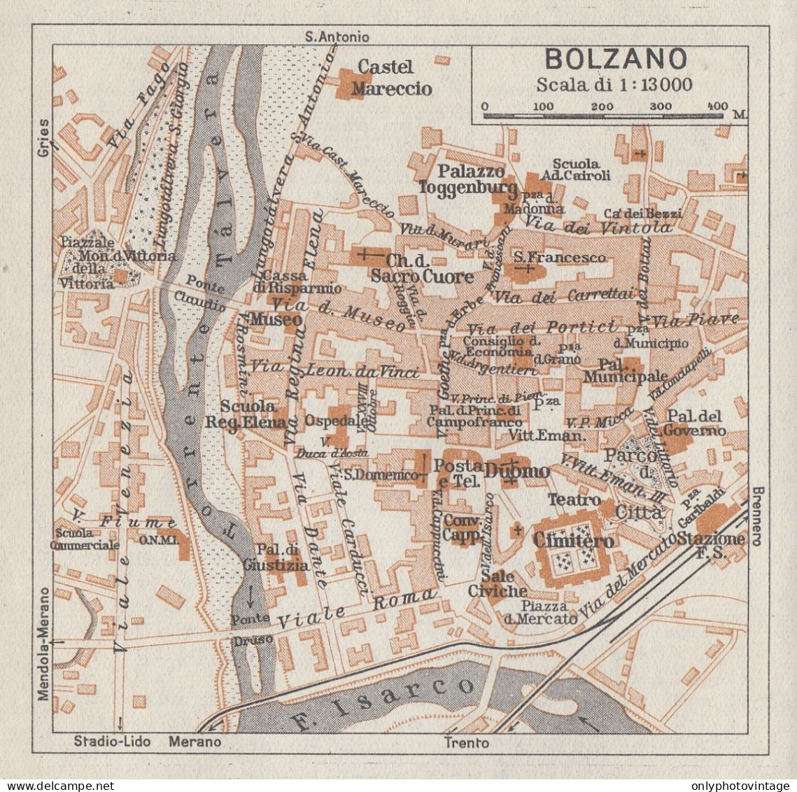 Bolzano, Pianta Della Città, Carta Geografica Epoca, 1937 Vintage Map - Cartes Géographiques