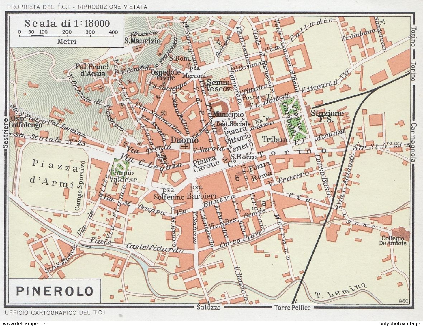 Pinerolo, Pianta Della Città, Carta Geografica Epoca, Vintage Map - Carte Geographique