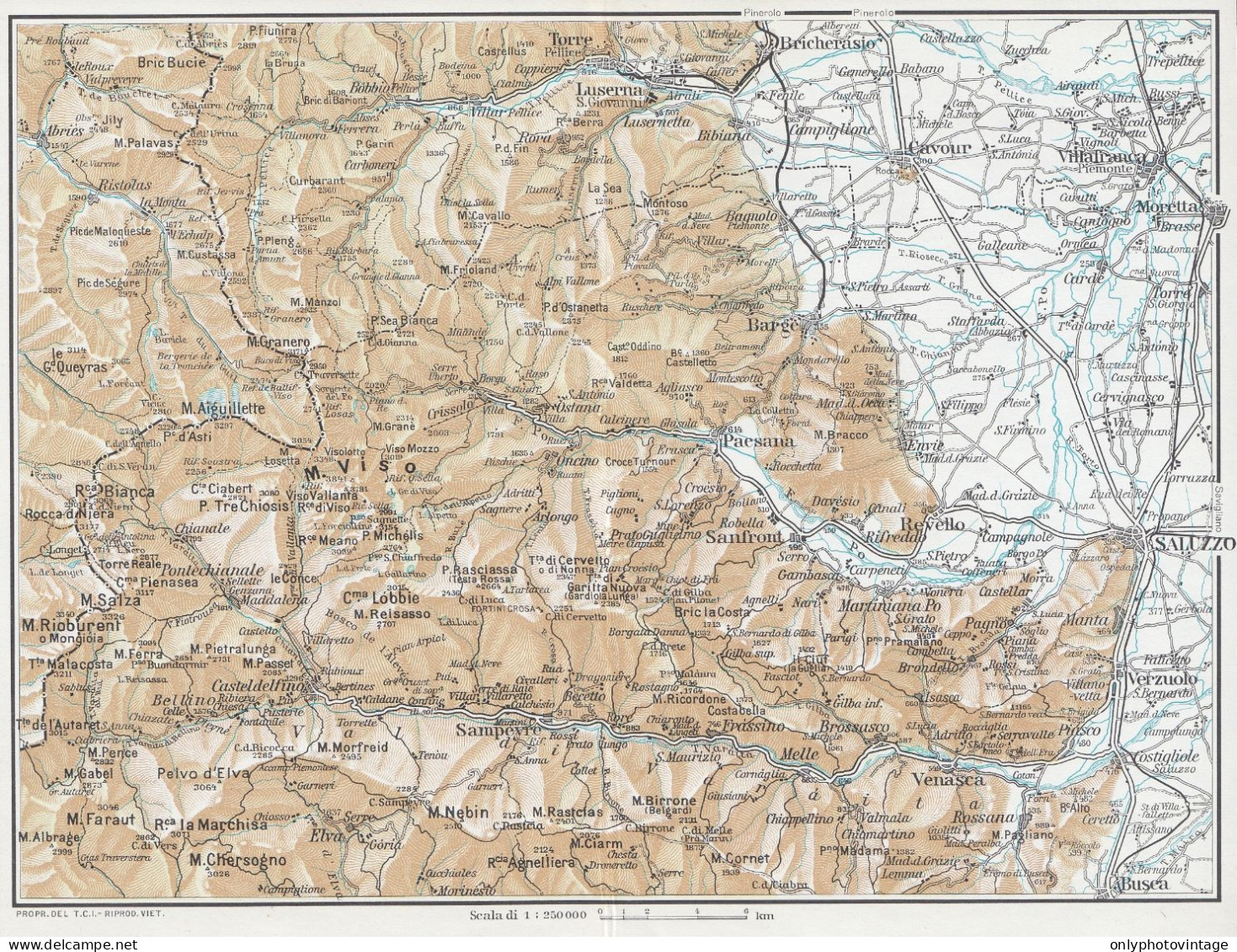 Saluzzo E Dintorni, Sanfront, Cavour, Carta Geografica Epoca, Vintage Map - Geographische Kaarten