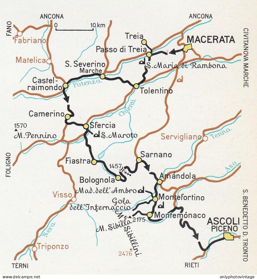 Da Macerata A Valle Del Tronto Per I Sibillini, Mappa Epoca, Vintage Map - Cartes Géographiques