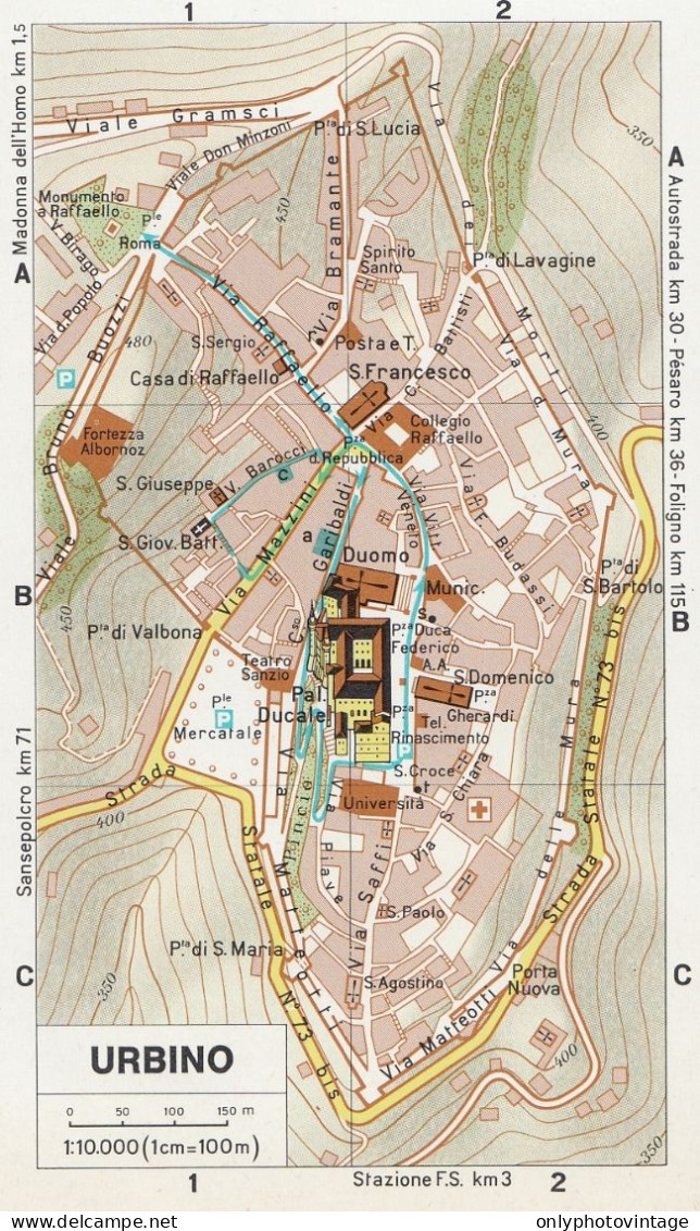 Urbino, Pianta Della Città, Mappa Epoca, Vintage Map - Cartes Géographiques