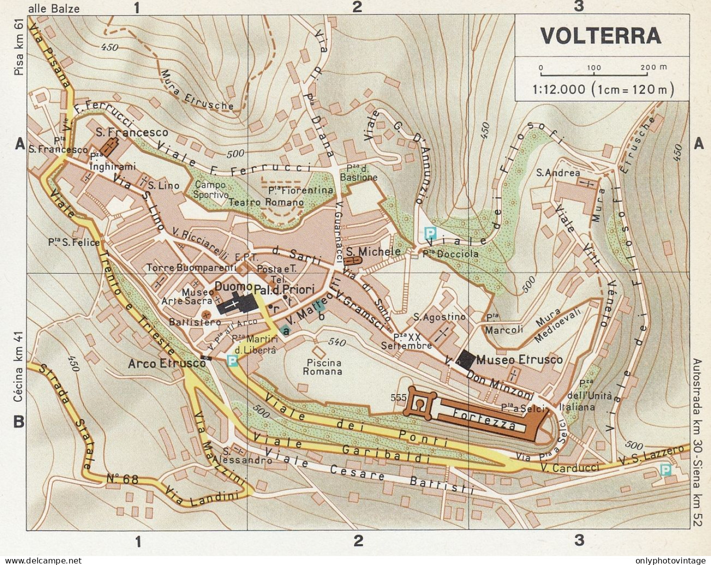 Volterra, Pianta Della Città, Mappa Epoca, Vintage Map - Geographische Kaarten