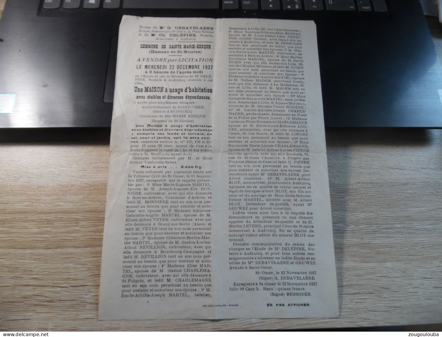Document Papier Commune De Sainte Marie Kerque Hameau De Saint Nicolas Notaire Audruicq - 1900 – 1949
