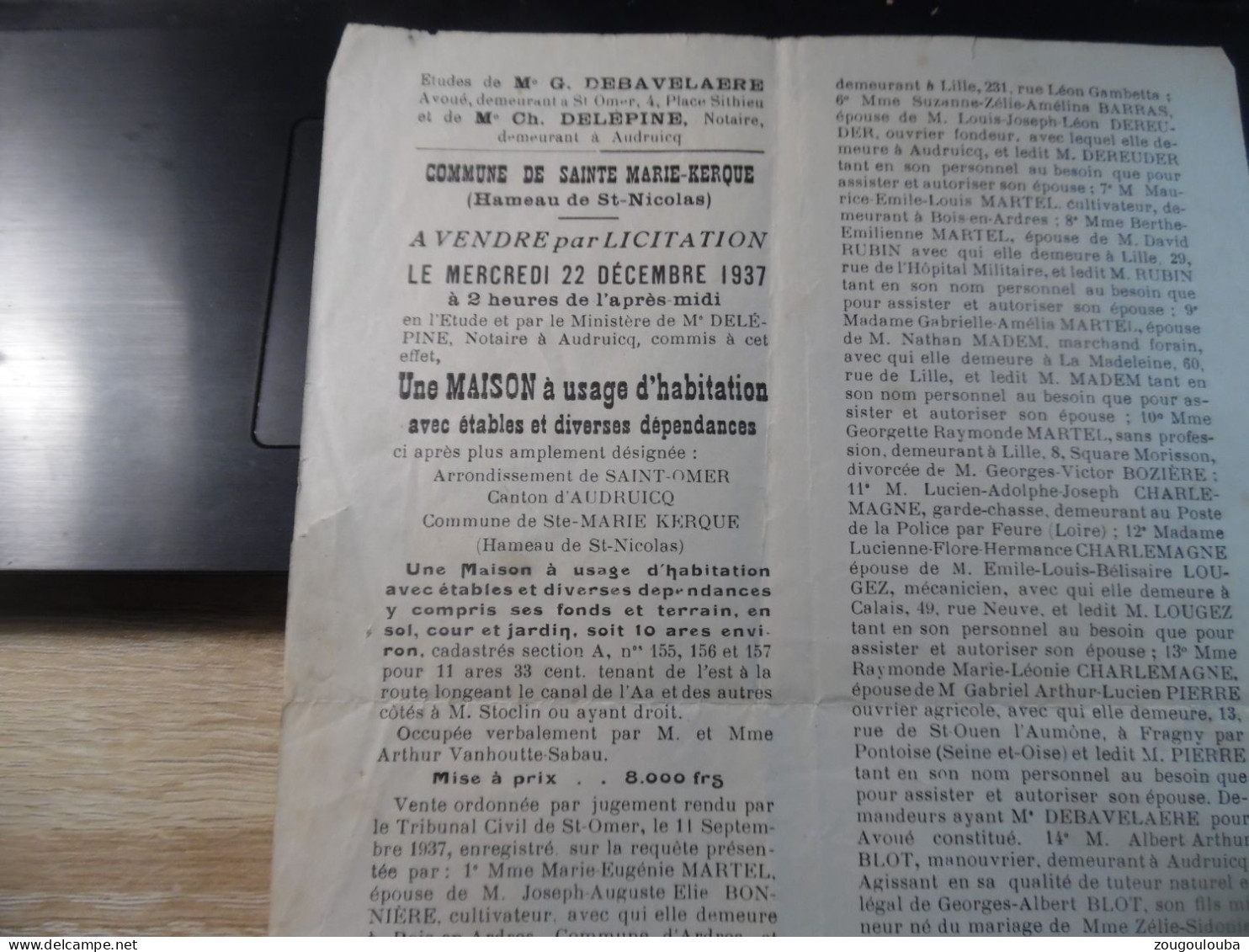 Document Papier Commune De Sainte Marie Kerque Hameau De Saint Nicolas Notaire Audruicq - 1900 – 1949