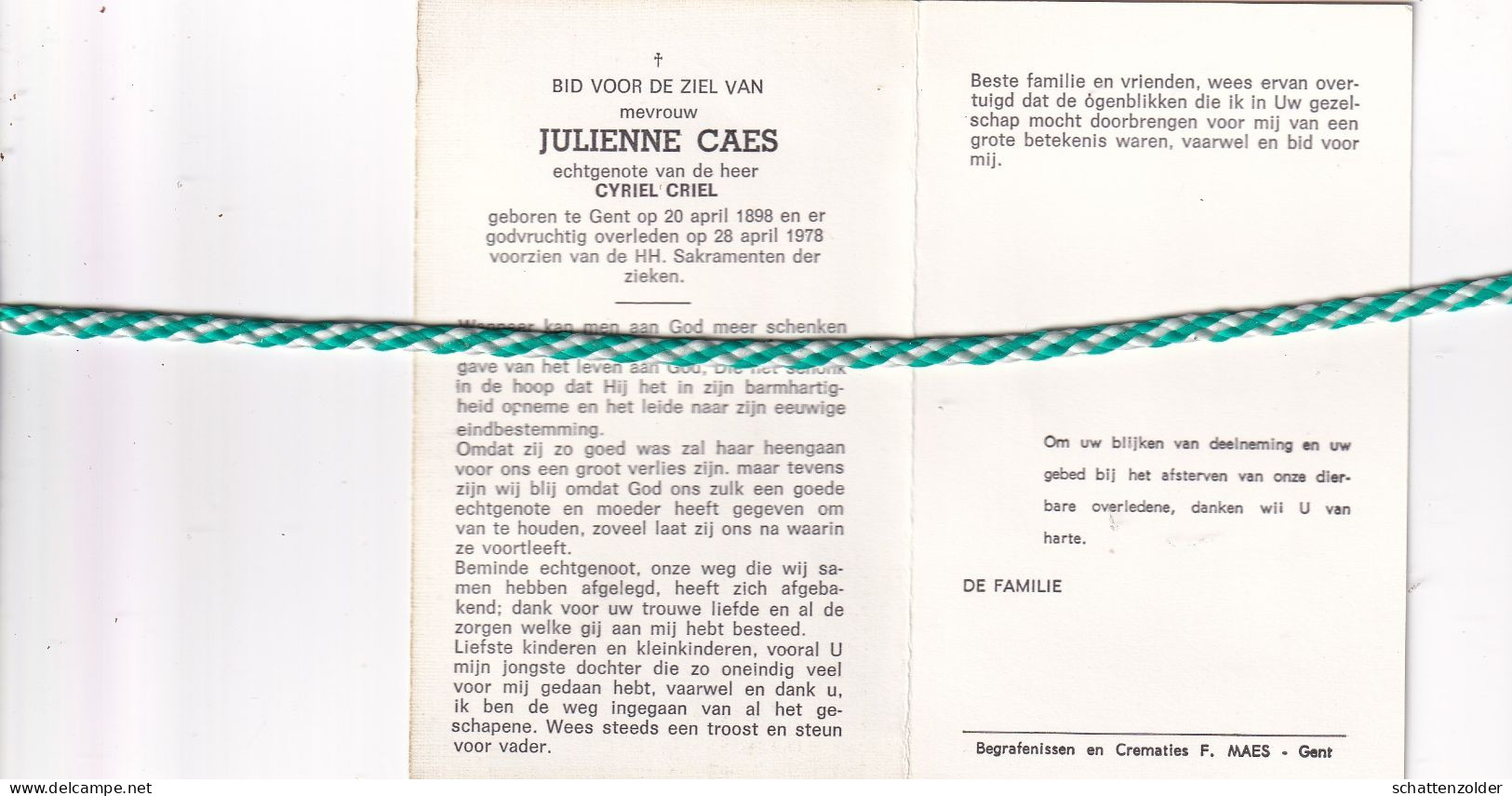 Julienne Caes-Criel, Gent 1898; 1978 - Todesanzeige