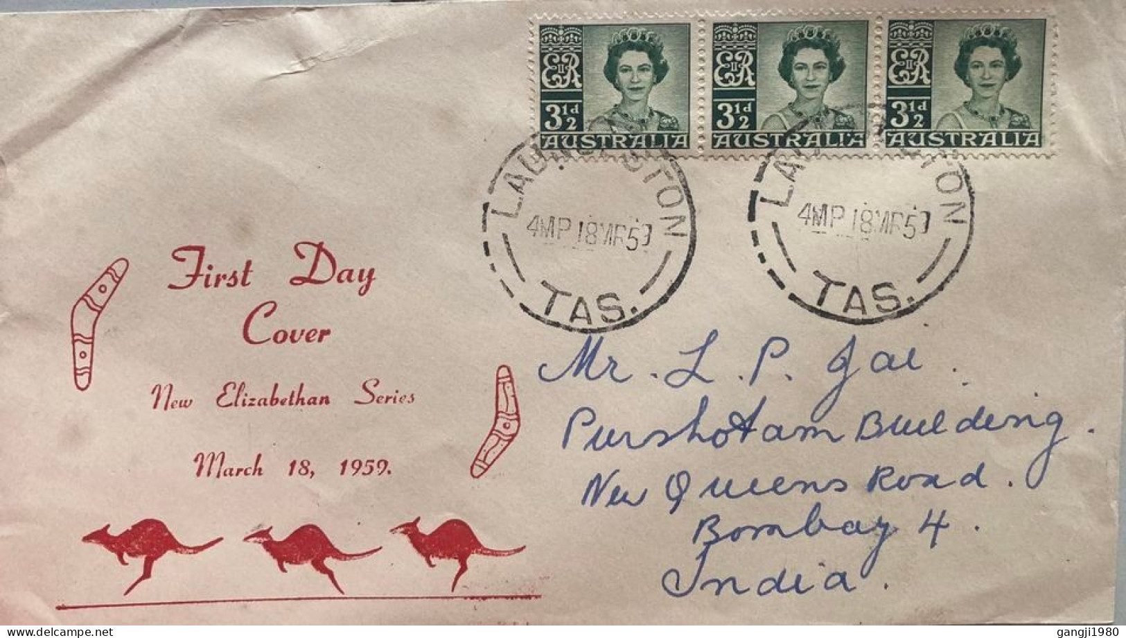 Australia 1959  Private Fdc Elizabethan Series 3 1/2d 3 Stamps Affixed FDC. Sent To L.P. Jai Cricketer India - Briefe U. Dokumente