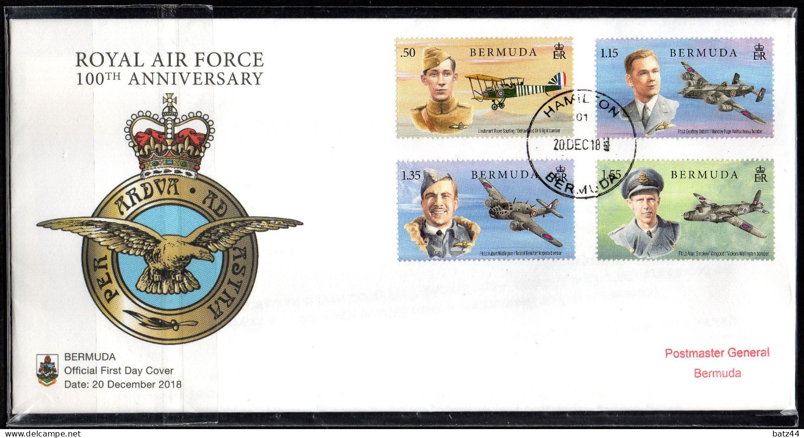 BERMUDES BERMUDA  Enveloppe Cover Hamilton 20 12 2018 Royal Air Force 100 Th Anniversary Avion Plane - Bermuda