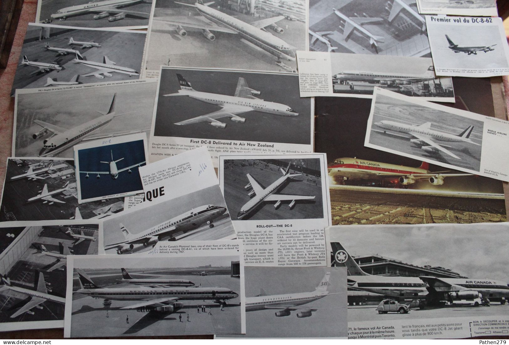 Lot de 587g d'anciennes coupures de presse et photos de l'aéronef américain Douglas DC-8