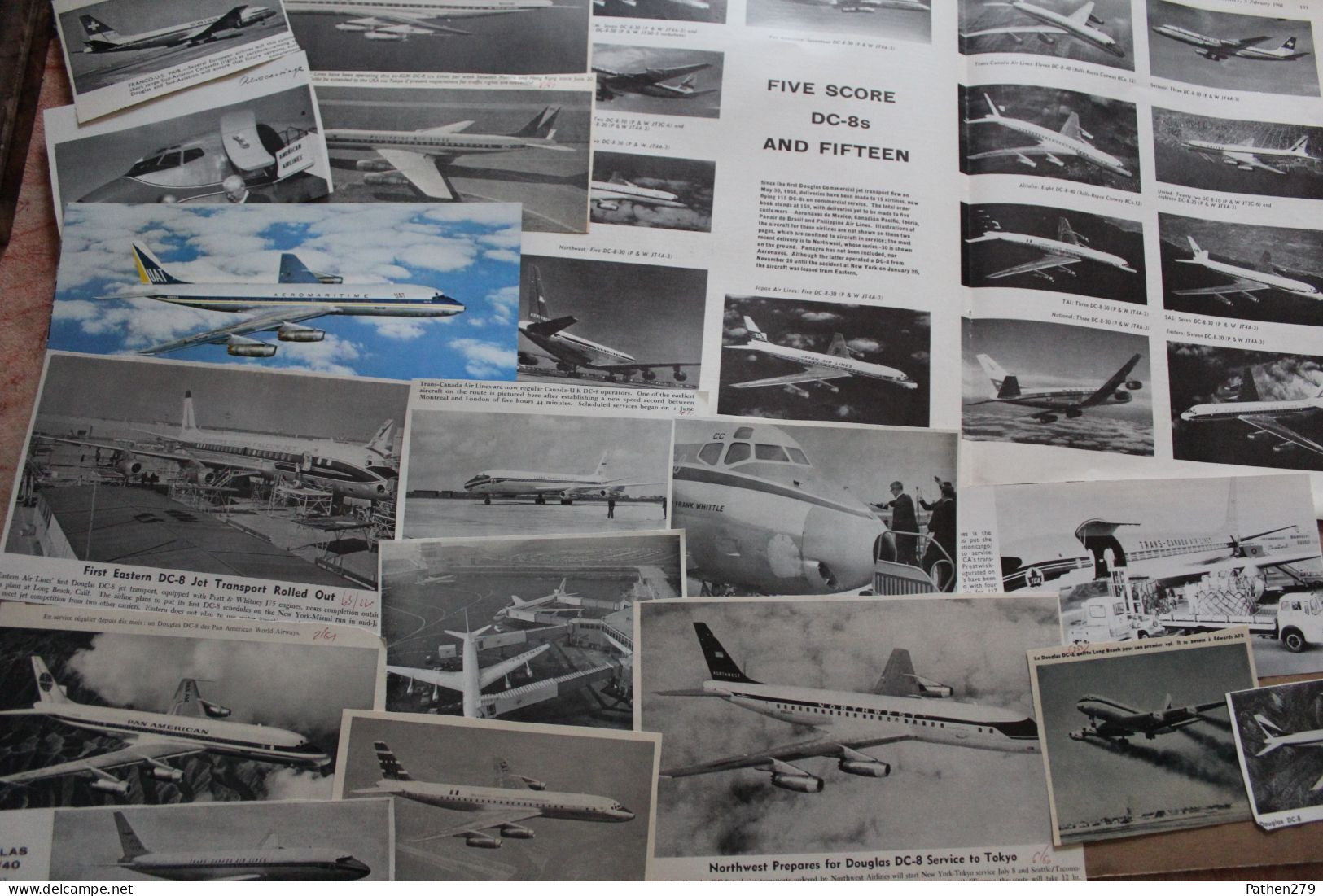 Lot de 587g d'anciennes coupures de presse et photos de l'aéronef américain Douglas DC-8