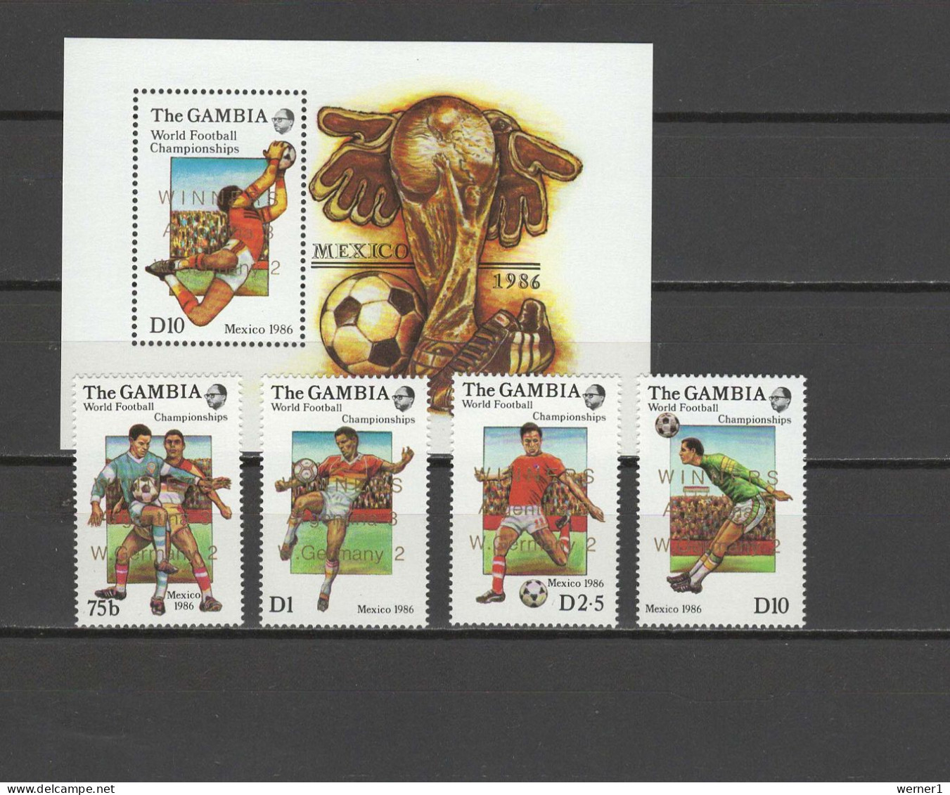 Gambia 1986 Football Soccer World Cup Set Of 4 + S/s With Winners Overprint MNH - 1986 – Mexiko