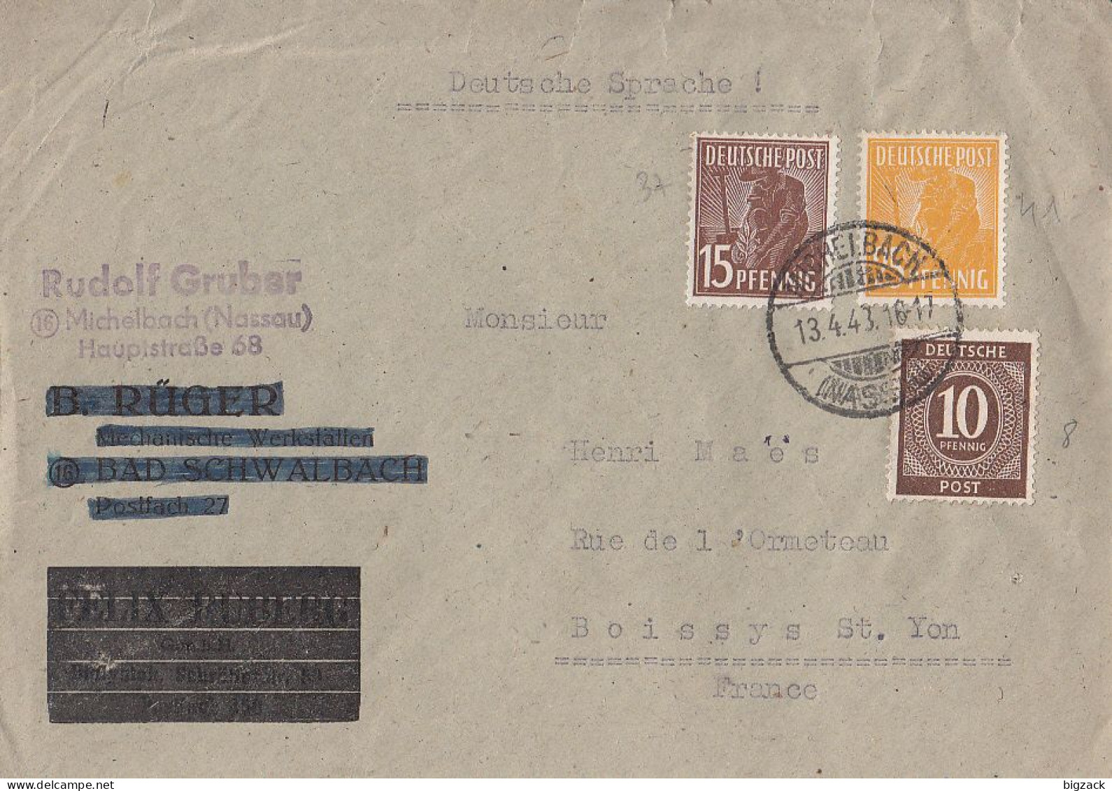 Gemeina. Brief Mif Minr.918,948,952 Michelbach 13.4.48 Gel. Nach Frankreich - Covers & Documents