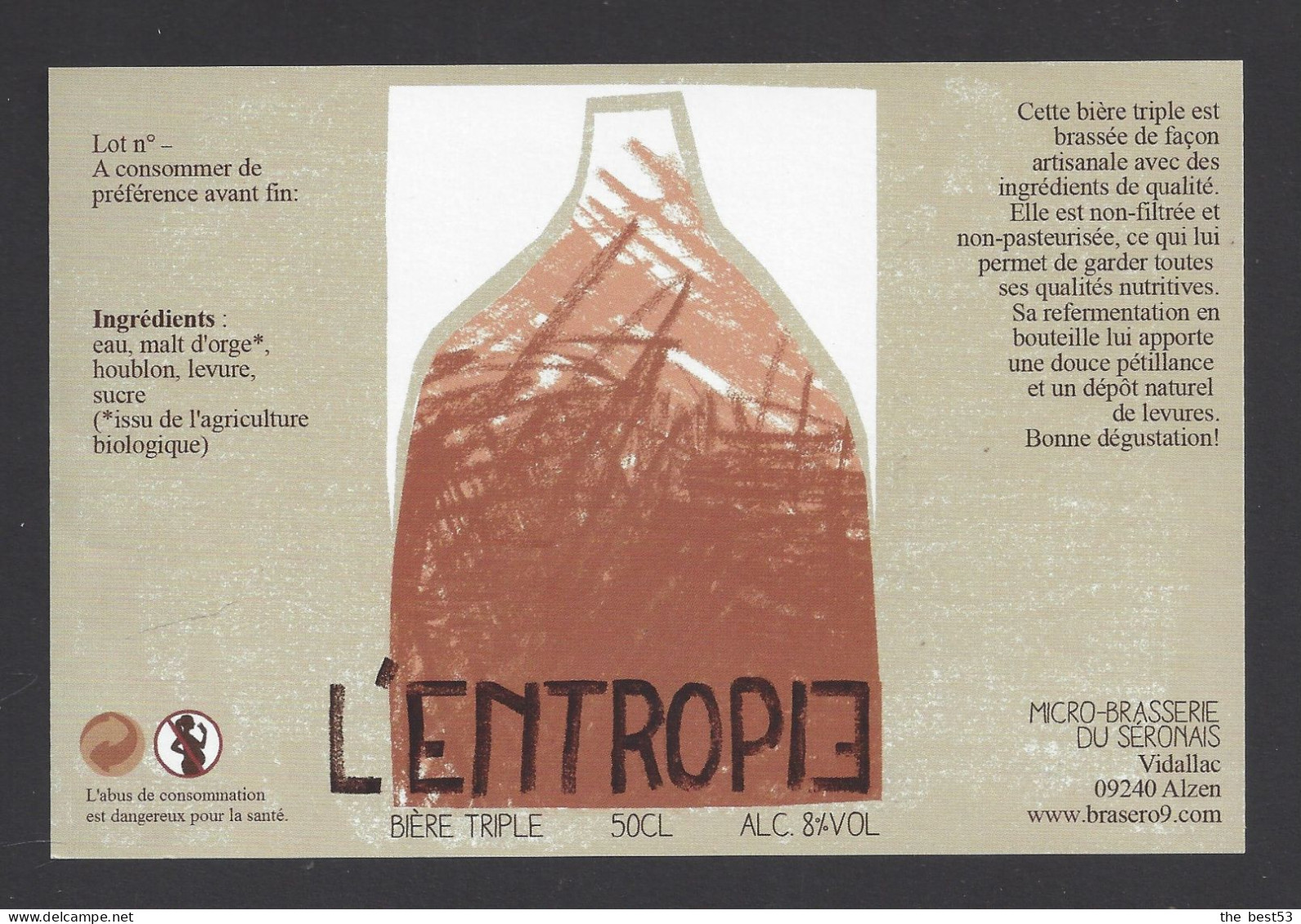Etiquette De Bière Triple  -  L'Entropie  -   Brasserie  Du Séronais à Alzen  (09) - Bier