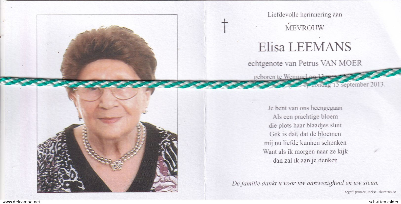 Elisa Leemans-Van Moer, Wemmel 1926, 2013. Foto - Todesanzeige
