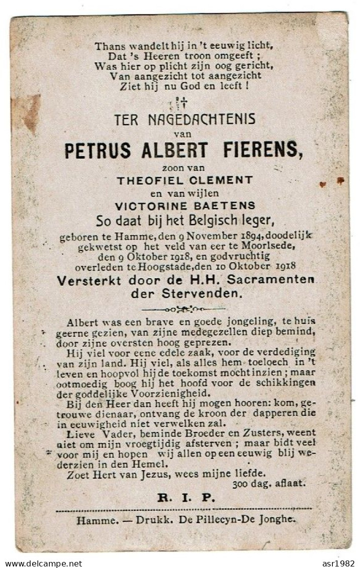 Doodsprentje Gesneuvelde Soldaat WO I : Hamme - Moorslede - Hoogstade : Petrus Albert Fierens . - Religion &  Esoterik