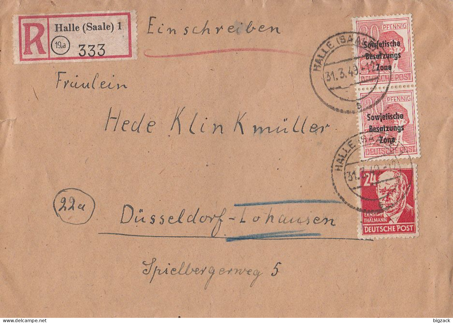 SBZ R-Brief Mif Minr.2x 192,220 Halle/S. 31.3.49 Gel. Nach Düsseldorf - Lettres & Documents