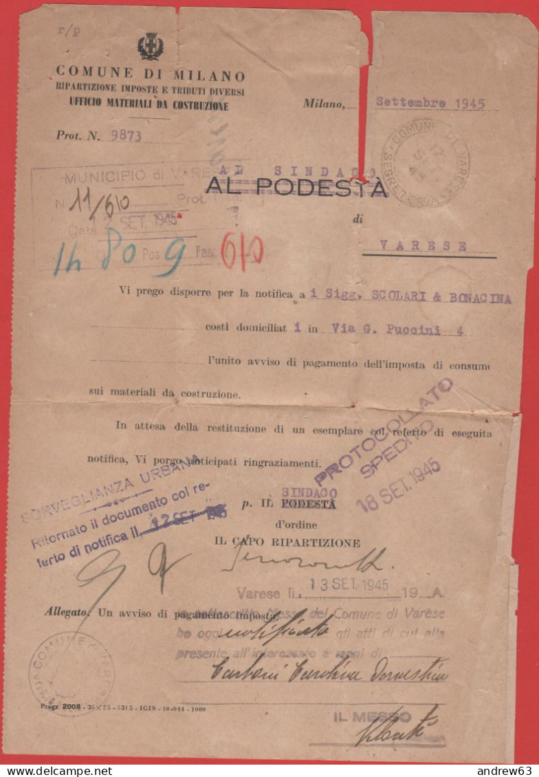 ITALIA - Storia Postale Luogotenenza - 1945 - 1 Imperiale - Piego Manoscritto Tra Sindaci - Viaggiata Da Milano Per Vare - Marcophilie