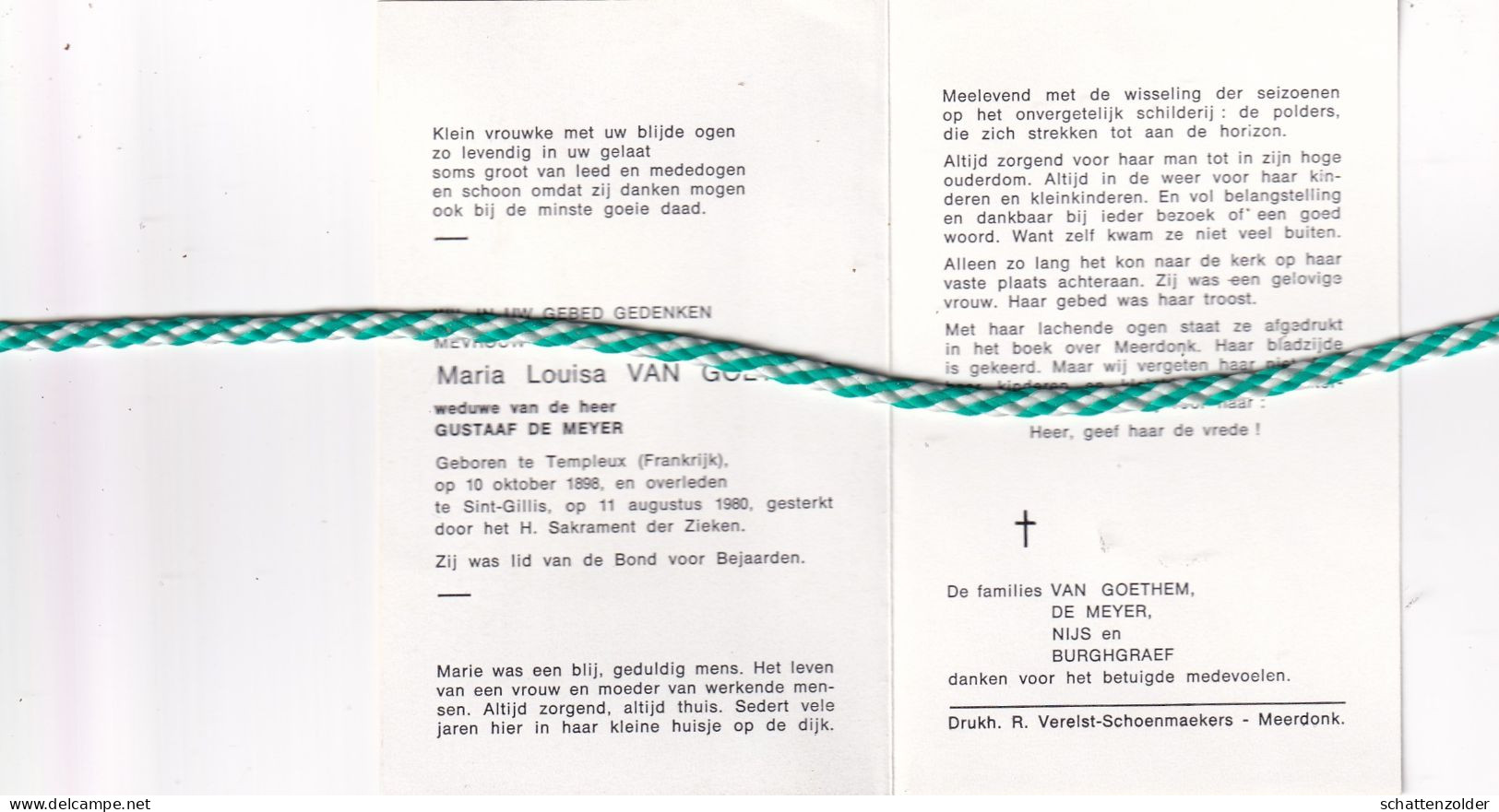 Maria Louisa Van Goethem-De Meyer, Templeux (Fr) 1898, Sint-Gillis 1980 - Obituary Notices