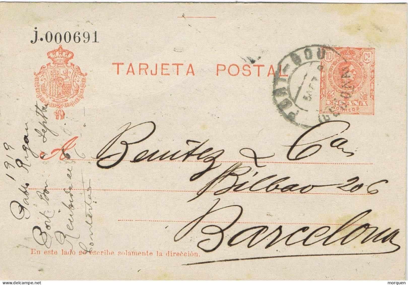 54982. Entero Postal PORT BOU (Gerona)  1919. Alfonso XIII Medallon - 1850-1931