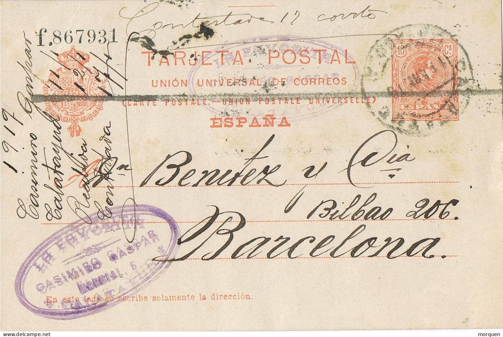 54983. Entero Postal CALATAYUD (Zaragoza)  1919. Alfonso XIII Medallon. Comercial La Favorita - 1850-1931