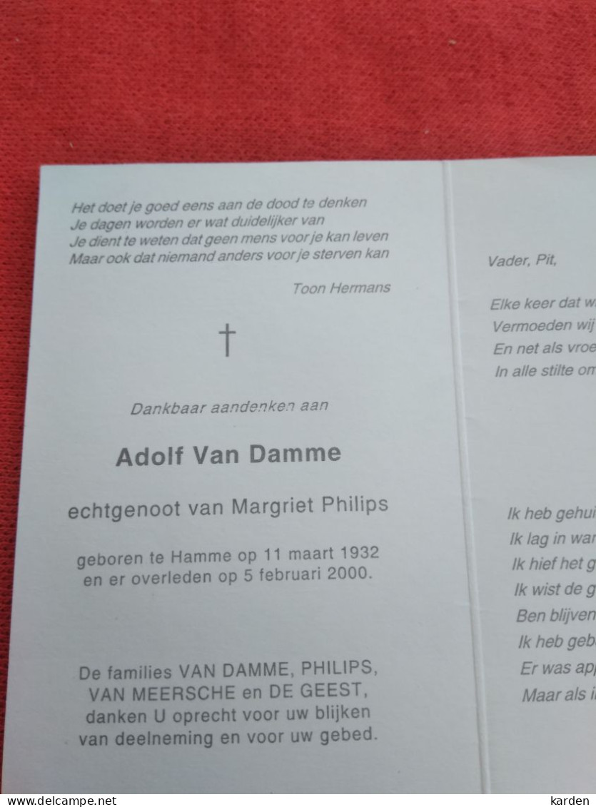 Doodsprentje Adolf Van Damme / Hamme 11/3/1932 - 5/2/2000 ( Margriet Philips ) - Religion & Esotérisme