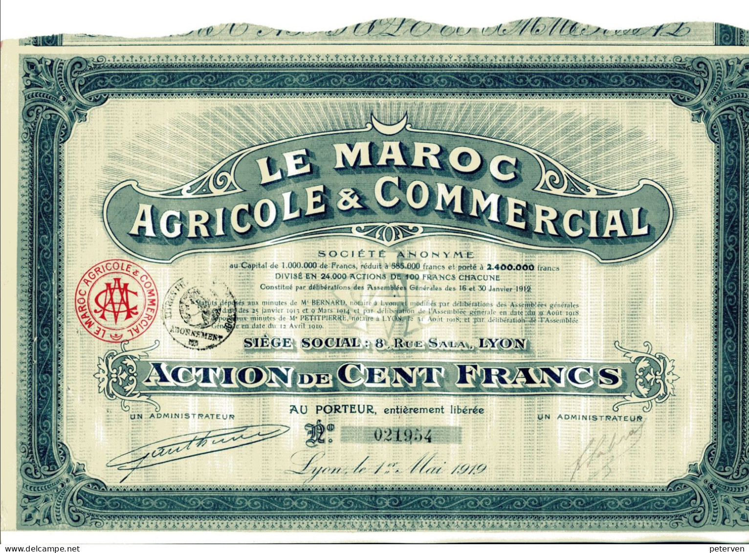 LE MAROC AGRICOLE & COMMERCIAL; Action De 100 Francs - Africa