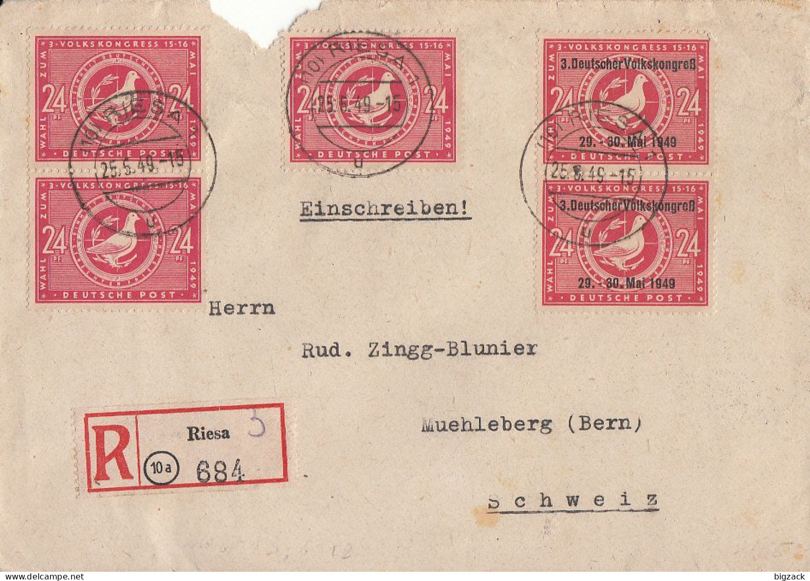 SBZ R-Brief Mif Minr.3x 232, 2x 233 Riesa 25.6.49 Gel. In Schweiz - Covers & Documents