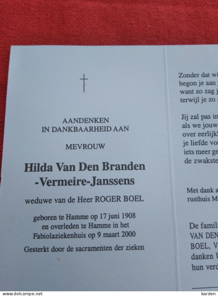 Doodsprentje Hilda Van Den Branden - Vermeire - Janssens / Hamme 17/6/1908 - 9/3/2000 ( Roger Boel ) - Religion &  Esoterik