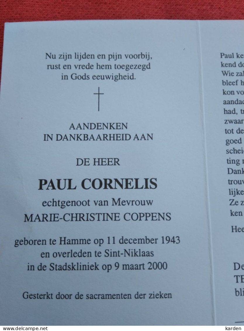 Doodsprentje Paul Cornelis / Hamme 11/12/1943 Sint Niklaas 9/3/2000 ( Marie Christine Coppens ) - Religion & Esotérisme