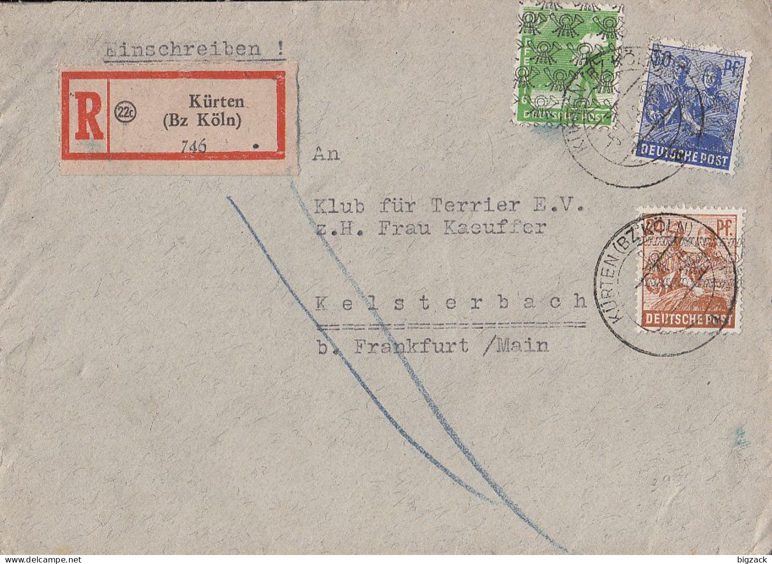 Bizone R-Brief Mif Minr.44I, 39II, 48II Kürten 5.7.48 Gel. Nach Kelsterbach - Brieven En Documenten