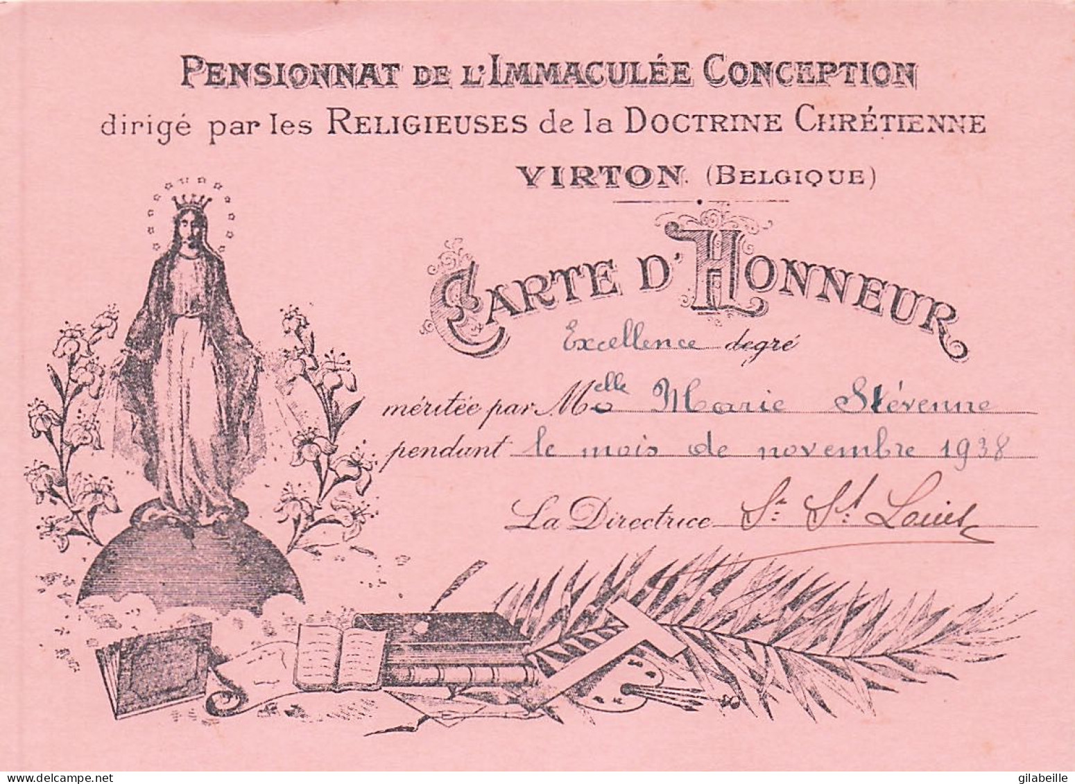Luxembourg - VIRTON - Carte D'honneurdegré Excellence - Pensionnat De L'immaculé Conception - Novembre 1938 - Diploma's En Schoolrapporten